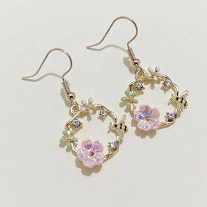 Honeybee Bee Pink Floral Sparkly CZ Diamond Gold Circle Dangle Hook Earrings NEW